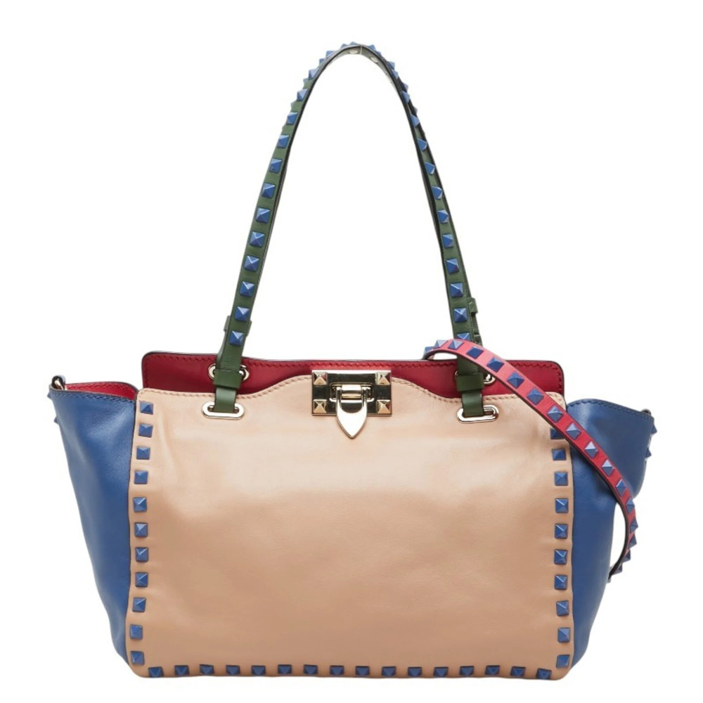 Valentino Rockstud Tote Bag Shoulder 2-Way Beige Blue Leather Women's VALENTINO